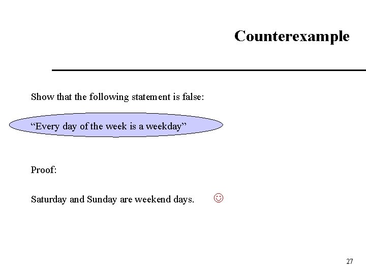 Counterexample Show that the following statement is false: “Every day of the week is