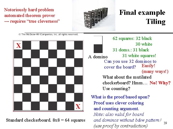 Notoriously hard problem automated theorem prover --- requires “true cleverness” Final example Tiling 62