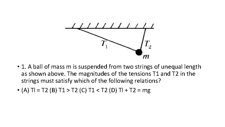  • 1. A ball of mass m is suspended from two strings of