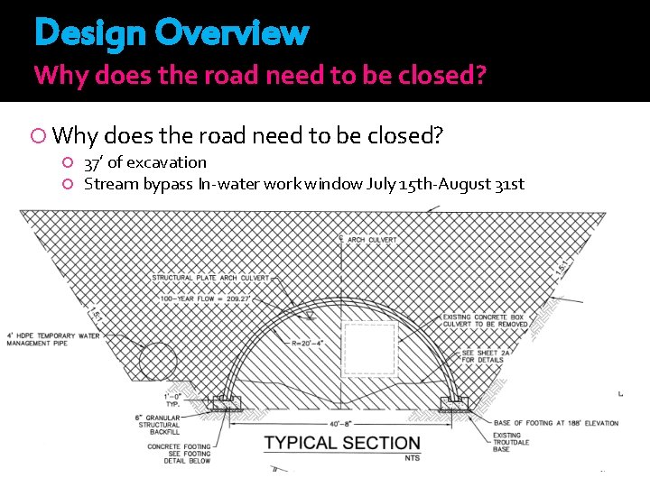 Design Overview Why does the road need to be closed? 37’ of excavation Stream