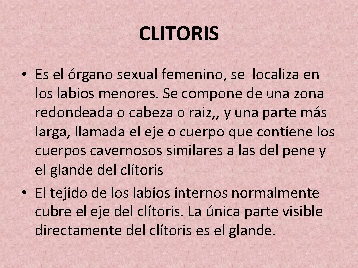 CLITORIS • Es el órgano sexual femenino, se localiza en los labios menores. Se