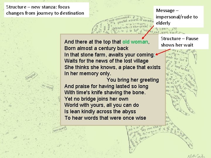 Structure – new stanza: focus changes from journey to destination Message – impersonal/rude to