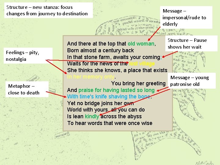 Structure – new stanza: focus changes from journey to destination Feelings – pity, nostalgia