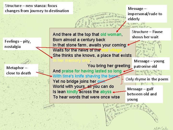 Structure – new stanza: focus changes from journey to destination Feelings – pity, nostalgia