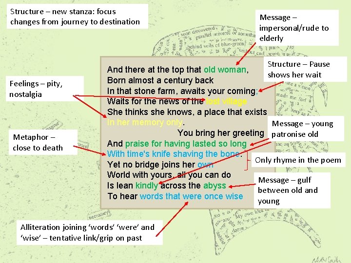 Structure – new stanza: focus changes from journey to destination Feelings – pity, nostalgia