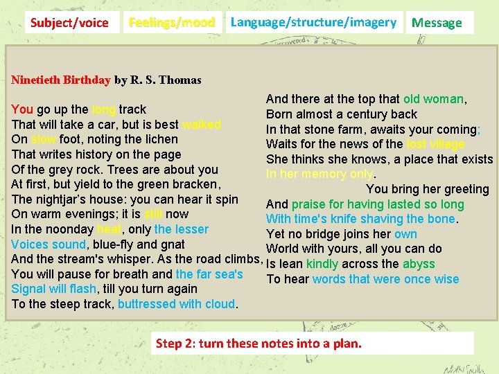 Subject/voice Feelings/mood Language/structure/imagery Message Ninetieth Birthday by R. S. Thomas And there at the