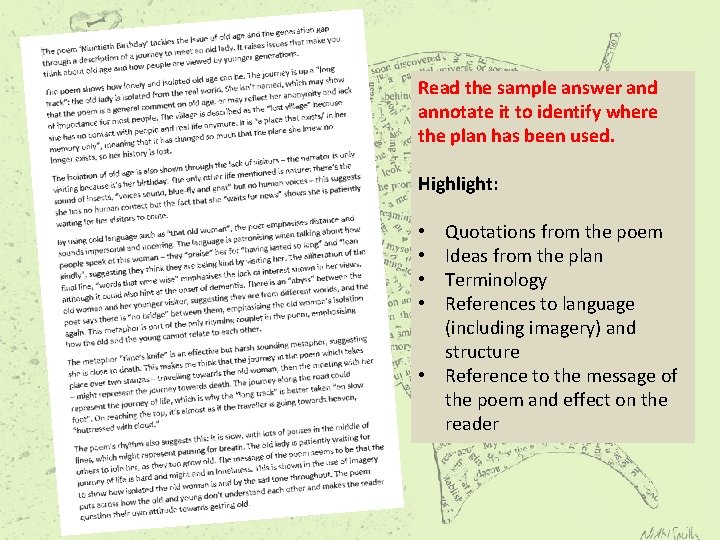 Read the sample answer and annotate it to identify where the plan has been