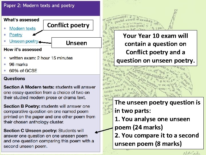 Conflict poetry Unseen Your Year 10 exam will contain a question on Conflict poetry