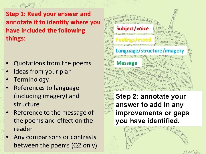 Step 1: Read your answer and annotate it to identify where you have included