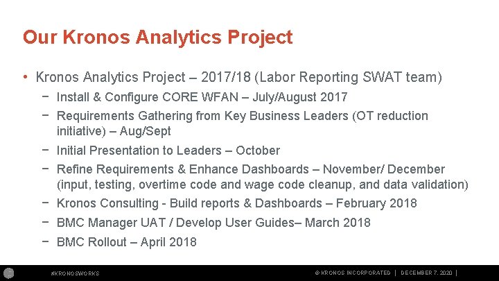Our Kronos Analytics Project • Kronos Analytics Project – 2017/18 (Labor Reporting SWAT team)