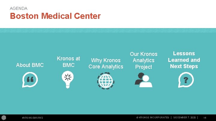 AGENDA Boston Medical Center About BMC Kronos at BMC Why Kronos Core Analytics Our