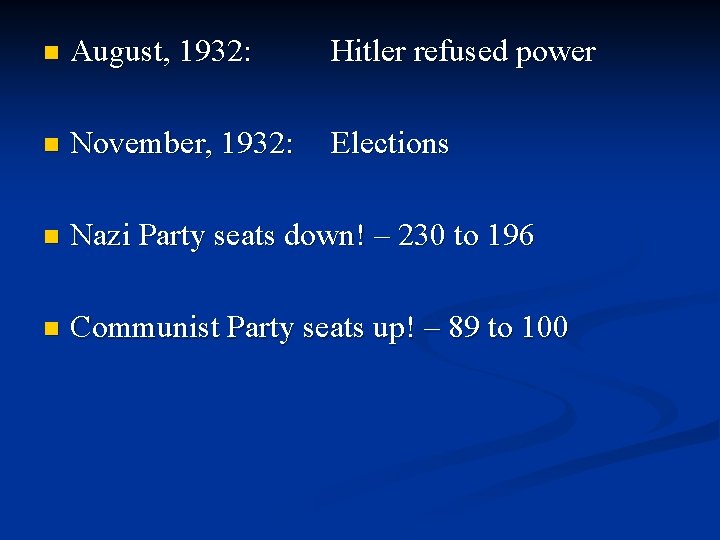 n August, 1932: Hitler refused power n November, 1932: Elections n Nazi Party seats