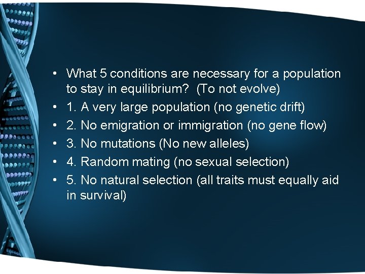  • What 5 conditions are necessary for a population to stay in equilibrium?