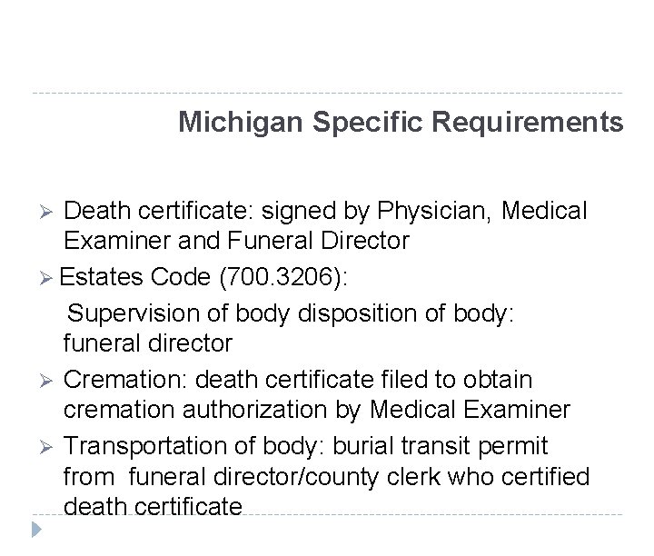 Michigan Specific Requirements Death certificate: signed by Physician, Medical Examiner and Funeral Director Ø