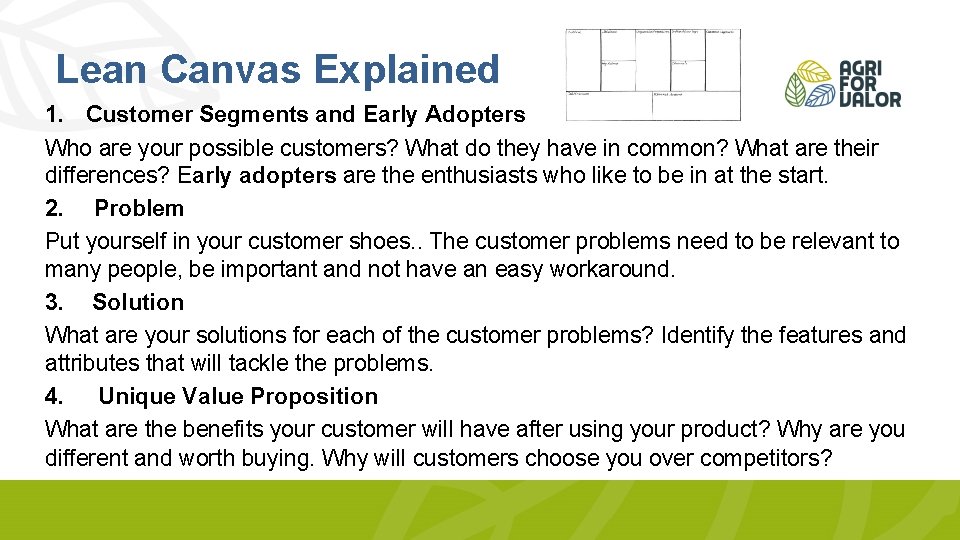 Lean Canvas Explained 1. Customer Segments and Early Adopters Who are your possible customers?