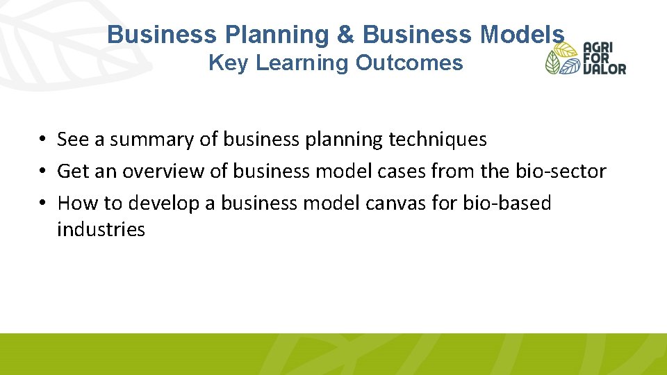 Business Planning & Business Models Key Learning Outcomes • See a summary of business