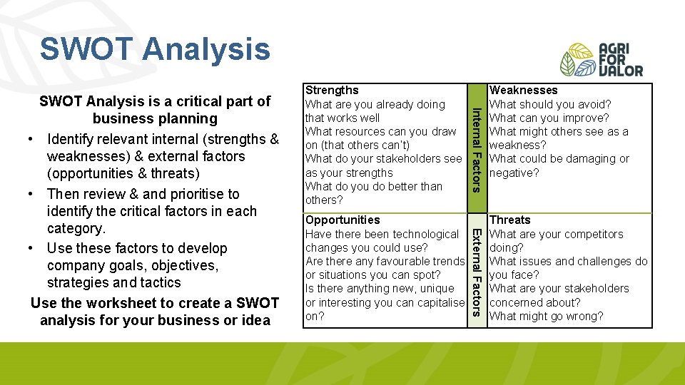 SWOT Analysis External Factors Opportunities Have there been technological changes you could use? Are