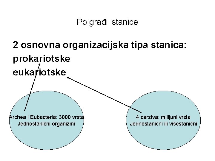 Po građi stanice 2 osnovna organizacijska tipa stanica: prokariotske eukariotske Archea i Eubacteria: 3000