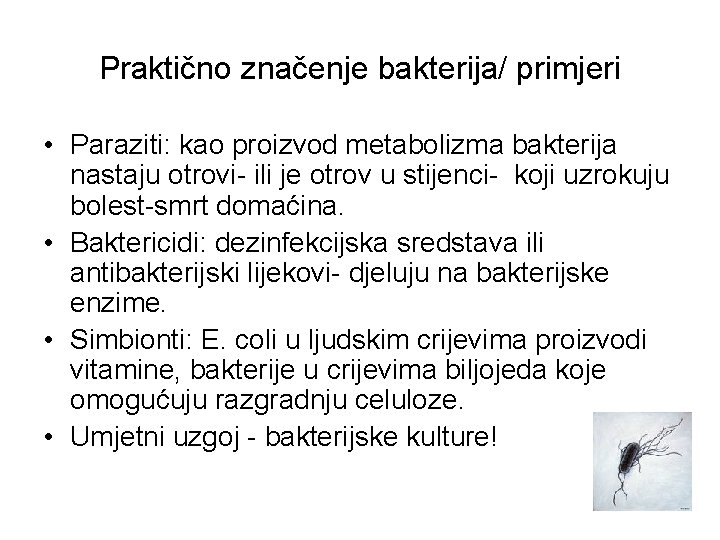 Praktično značenje bakterija/ primjeri • Paraziti: kao proizvod metabolizma bakterija nastaju otrovi- ili je