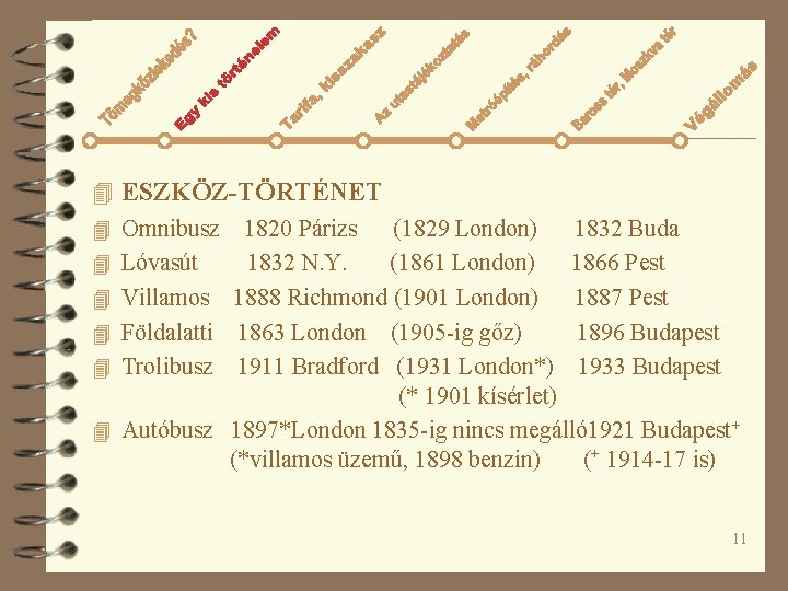 4 ESZKÖZ-TÖRTÉNET 4 Omnibusz 1820 Párizs (1829 London) 1832 Buda 4 Lóvasút 1832 N.