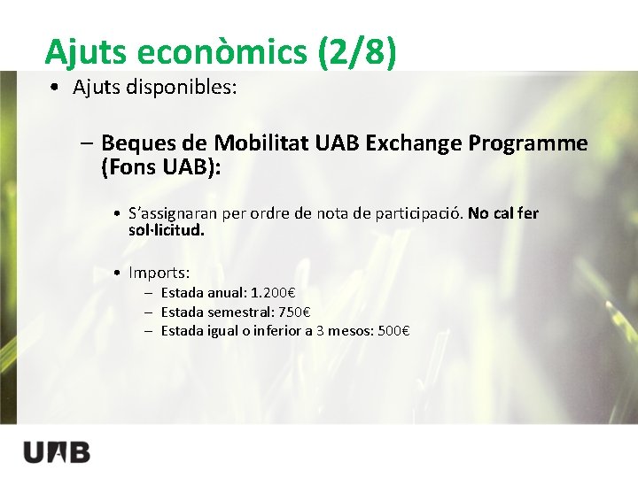 Ajuts econòmics (2/8) • Ajuts disponibles: – Beques de Mobilitat UAB Exchange Programme (Fons