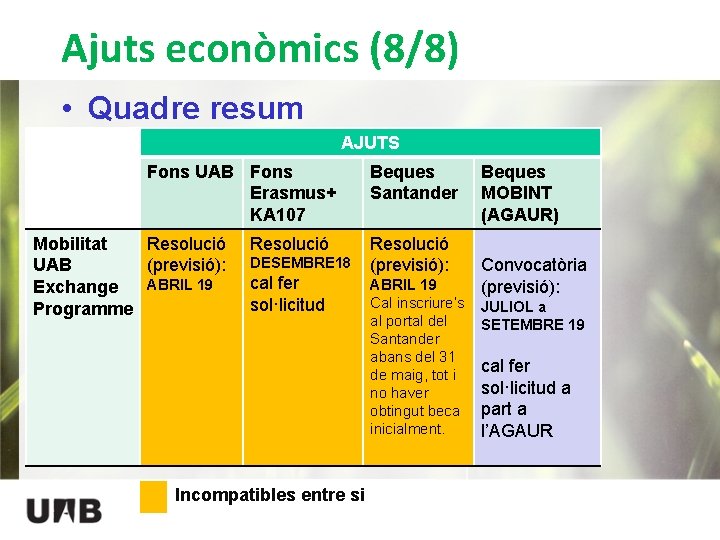 Ajuts econòmics (8/8) • Quadre resum AJUTS Fons UAB Fons Erasmus+ KA 107 Mobilitat