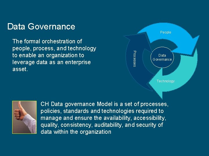 Data Governance Processes The formal orchestration of people, process, and technology to enable an