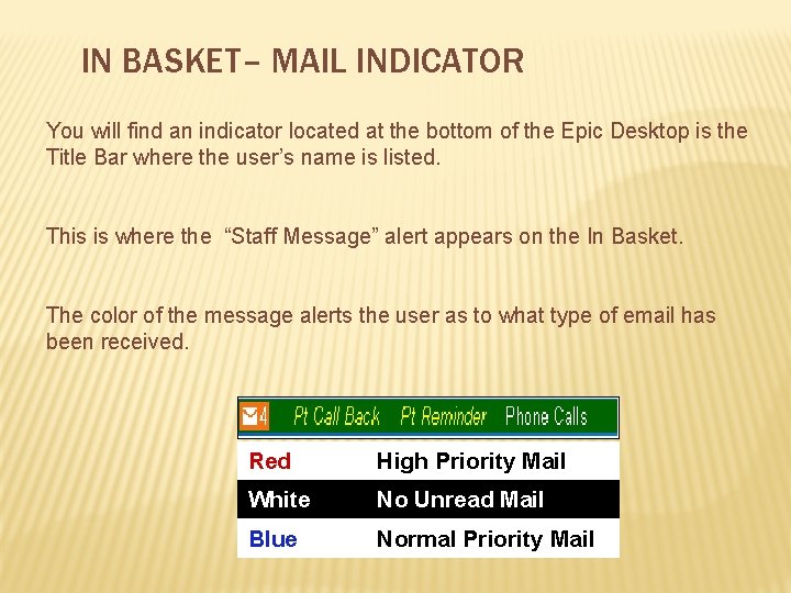 IN BASKET– MAIL INDICATOR You will find an indicator located at the bottom of