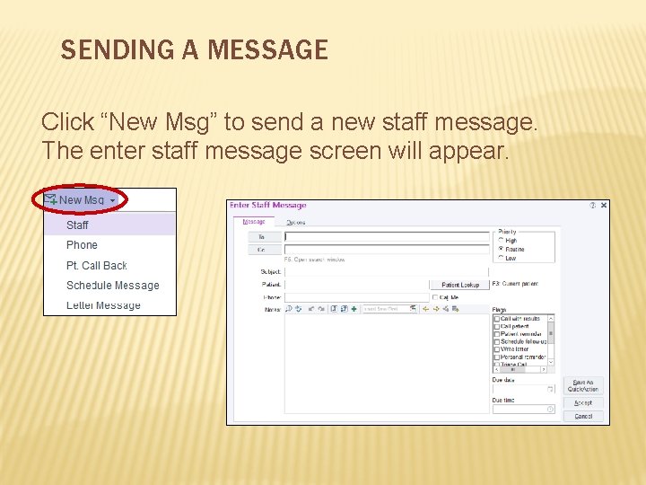 SENDING A MESSAGE Click “New Msg” to send a new staff message. The enter