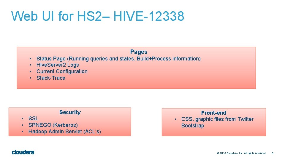 Web UI for HS 2– HIVE-12338 Pages • • Status Page (Running queries and