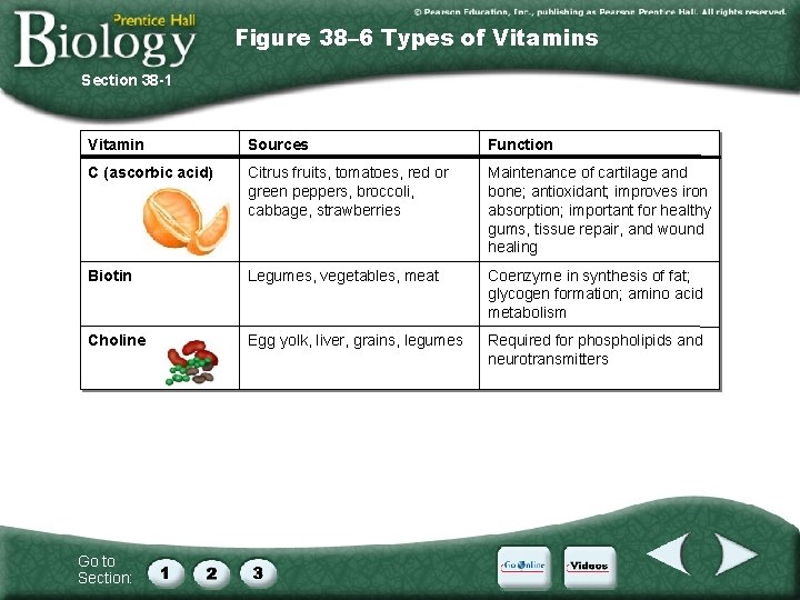 Figure 38– 6 Types of Vitamins Section 38 -1 Vitamin Sources Function C (ascorbic