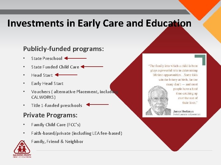 Investments in Early Care and Education Publicly-funded programs: • State Preschool • State Funded