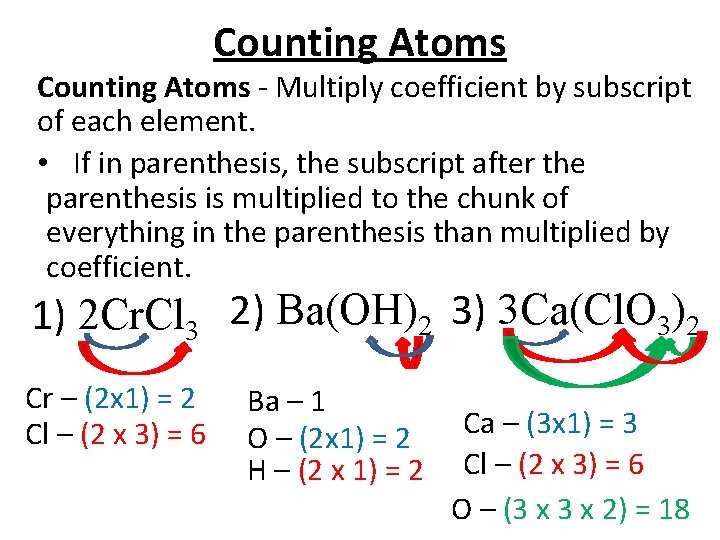 Counting Atoms - Multiply coefficient by subscript of each element. • If in parenthesis, Counting Atoms - Multiply coefficient by subscript of each element. • If in parenthesis,