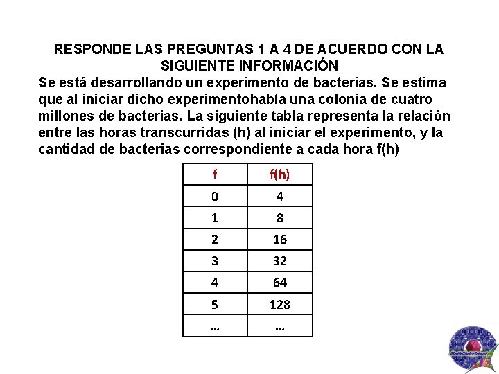 RESPONDE LAS PREGUNTAS 1 A 4 DE ACUERDO CON LA SIGUIENTE INFORMACIÓN Se está