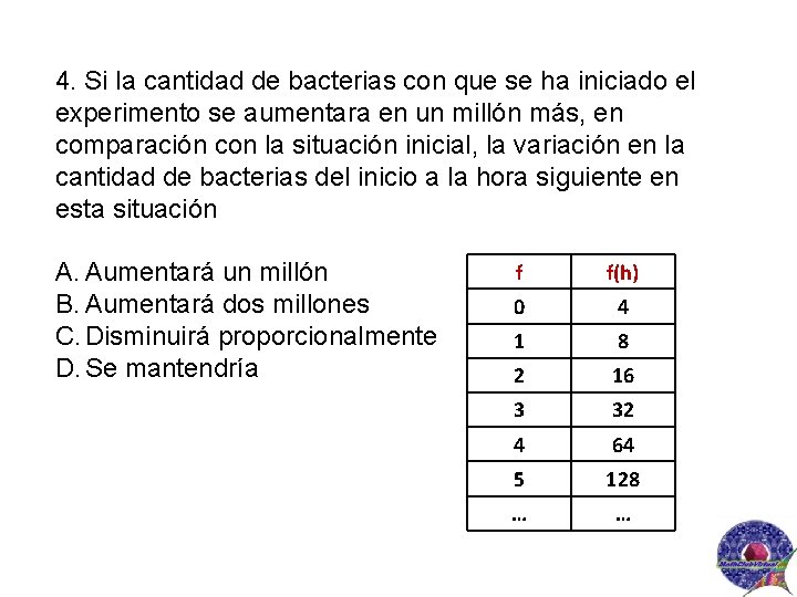 4. Si la cantidad de bacterias con que se ha iniciado el experimento se