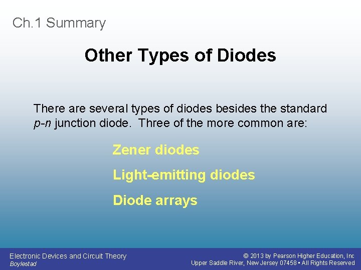 Ch. 1 Summary Other Types of Diodes There are several types of diodes besides