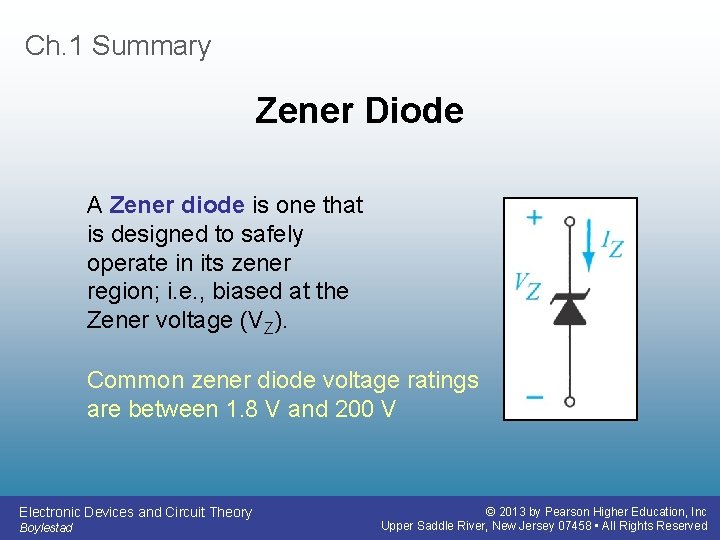 Ch. 1 Summary Zener Diode A Zener diode is one that is designed to