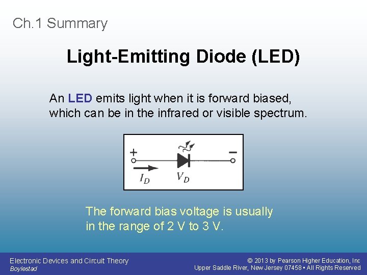 Ch. 1 Summary Light-Emitting Diode (LED) An LED emits light when it is forward