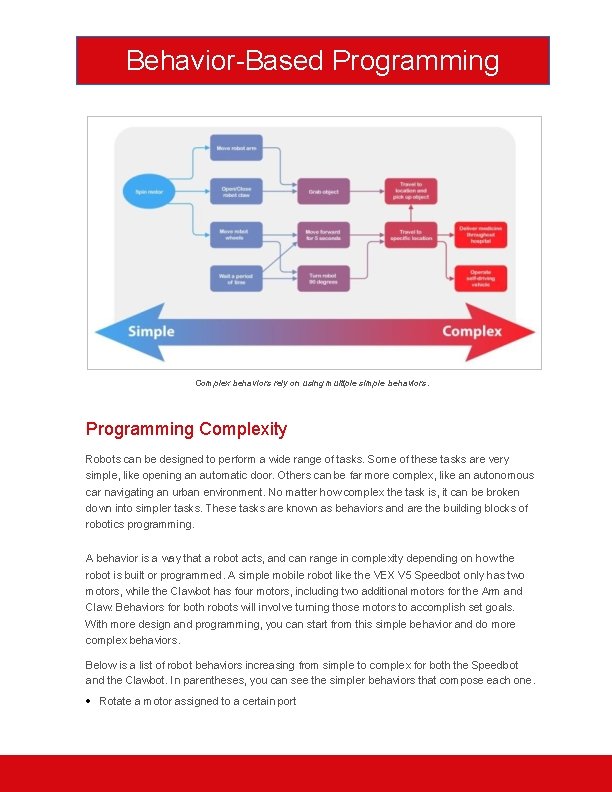 Behavior-Based Programming Complex behaviors rely on using multiple simple behaviors. Programming Complexity Robots can
