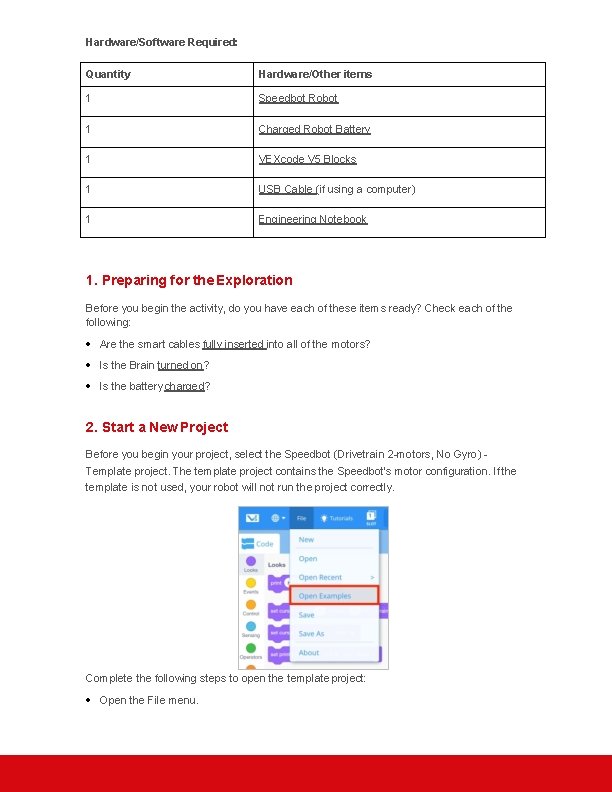 Hardware/Software Required: Quantity Hardware/Other items 1 Speedbot Robot 1 Charged Robot Battery 1 VEXcode