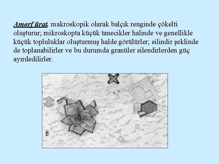 Amorf ürat, makroskopik olarak balçık renginde çökelti oluşturur; mikroskopta küçük tanecikler halinde ve genellikle