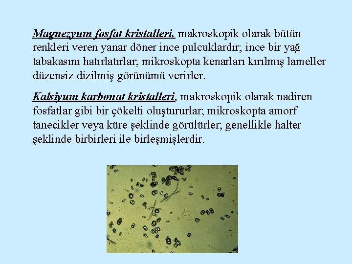 Magnezyum fosfat kristalleri, makroskopik olarak bütün renkleri veren yanar döner ince pulcuklardır; ince bir