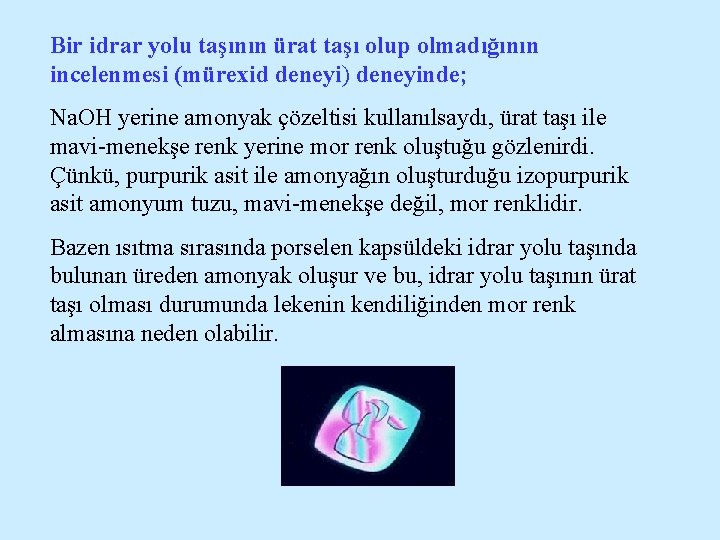 Bir idrar yolu taşının ürat taşı olup olmadığının incelenmesi (mürexid deneyi) deneyinde; Na. OH