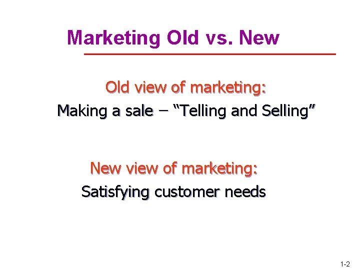 Marketing Old vs. New Old view of marketing: Making a sale “Telling and Selling”