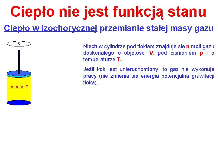 Ciepło nie jest funkcją stanu Ciepło w izochorycznej przemianie stałej masy gazu S n,