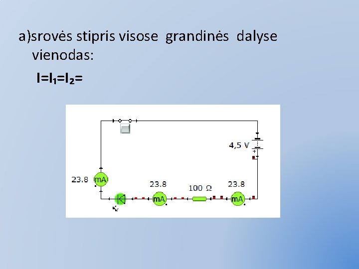 a)srovės stipris visose grandinės dalyse vienodas: I=I₁=I₂= 