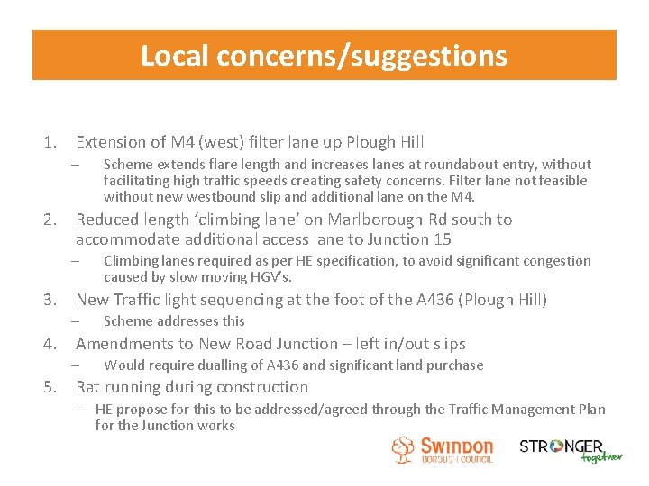 Local concerns/suggestions 1. Extension of M 4 (west) filter lane up Plough Hill –