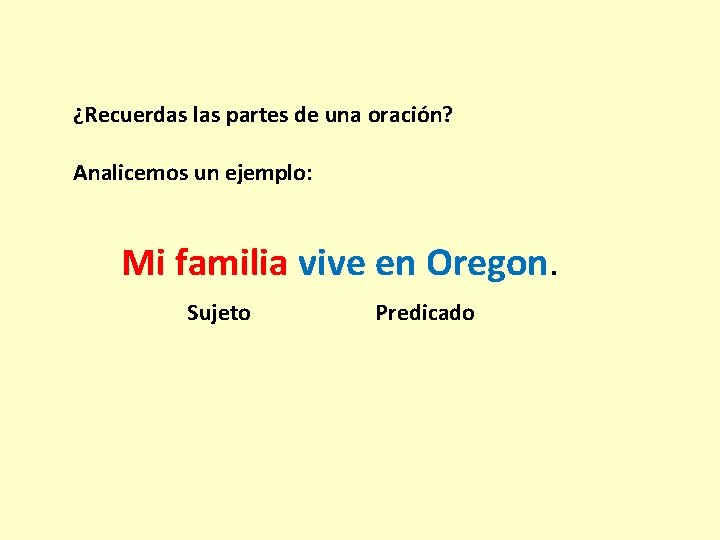¿Recuerdas las partes de una oración? Analicemos un ejemplo: Mi familia vive en Oregon.