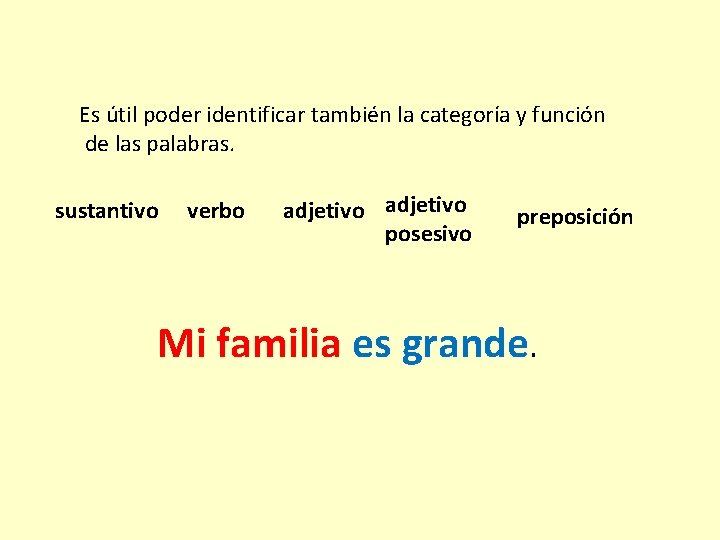 Es útil poder identificar también la categoría y función de las palabras. sustantivo verbo