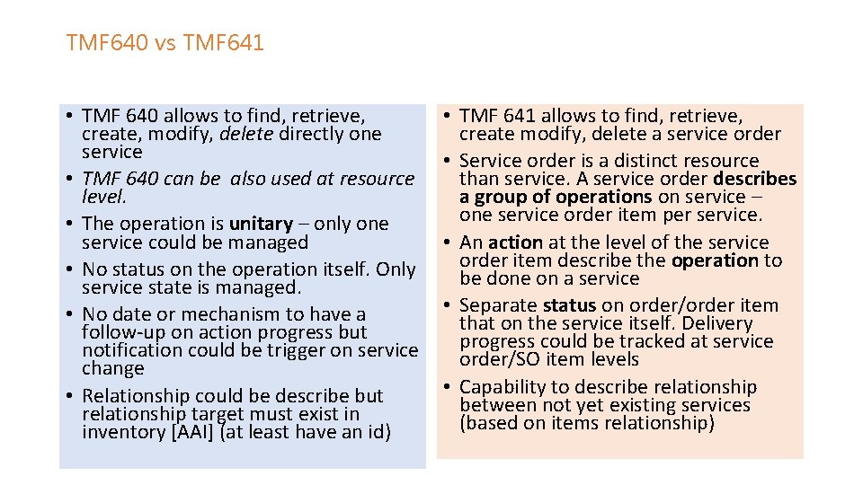 TMF 640 vs TMF 641 • TMF 640 allows to find, retrieve, create, modify,